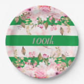 誕生祝いグリーンピンクストライプフローラ ペーパープレート (正面)