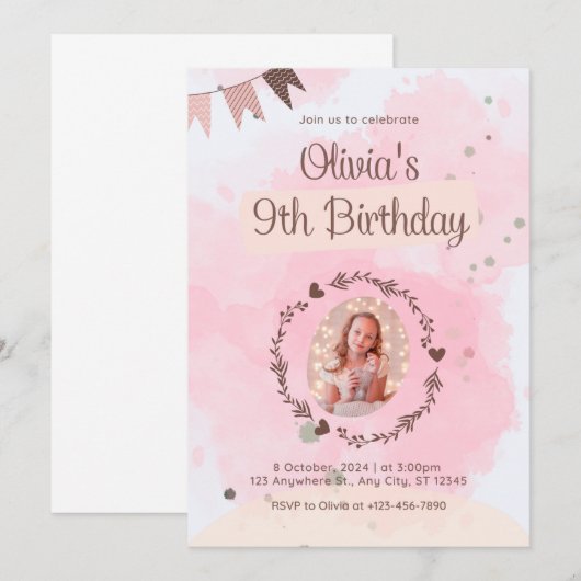 誕生祝い9歳の少女 招待状 (正面/裏面)
