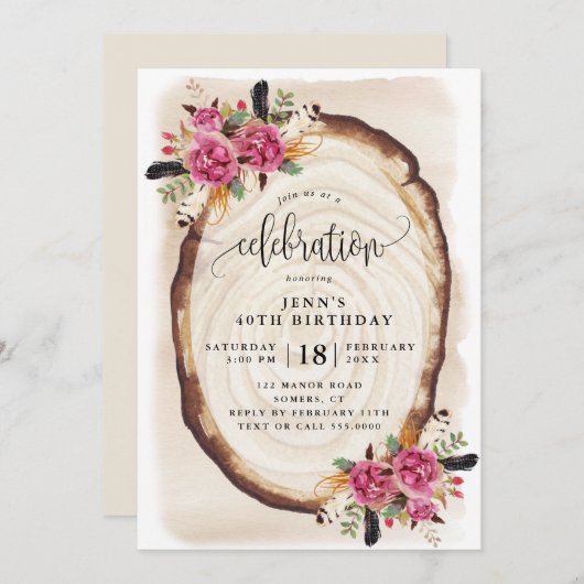 誕生祝い、木のスライスピンクフローラ 招待状 (正面/裏面)