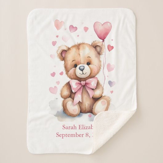 誕生統計テディベアピンクボウハートベビーガール シェルパブランケット (正面)