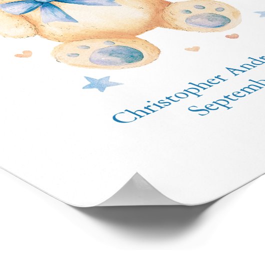 誕生統計テディベアブルーボウ男の赤ちゃん子供部屋 ポスター (角)