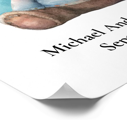 誕生統計テディベアブルー男の赤ちゃん子供部屋 ポスター (角)