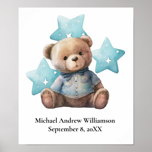 誕生統計テディベアブルー男の赤ちゃん子供部屋 ポスター (正面)