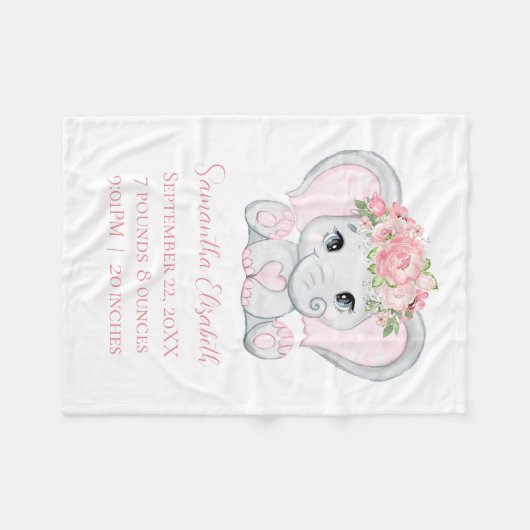 誕生統計ピンクベビーエレファントベビーガールベビー フリースブランケット (正面(横))