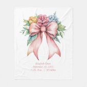 誕生統計ピンクボウ水カラーフラワーズベビー フリースブランケット (正面)