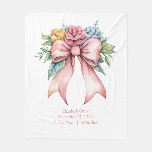 誕生統計ピンクボウ水カラーフラワーズベビー フリースブランケット (正面)