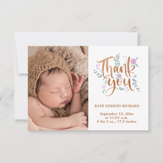 誕生統計フォト手書き新生まれ赤ちゃんシャワー サンキューカード (正面)