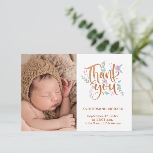 誕生統計フォト手書き新生まれ赤ちゃんシャワー サンキューカード (スタンド正面)