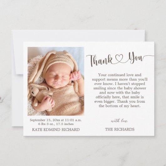 誕生統計フォト新生児シャワーのお知らせ サンキューカード (正面)