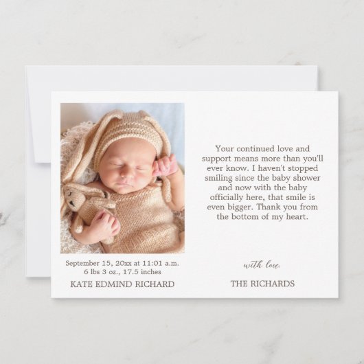 誕生統計フォト新生児シャワーのお知らせ サンキューカード (正面)