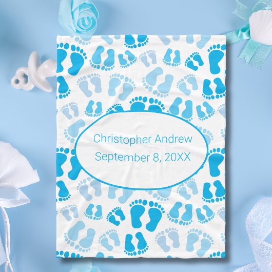 誕生統計ブルーとホワイトベビー足ベビーブランケット フリースブランケット