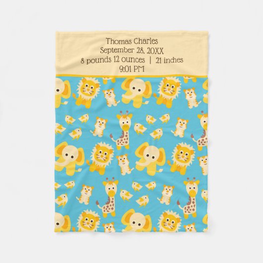 誕生統計ブルーイエロージャングルサファリアニマルズボーイ フリースブランケット (正面)