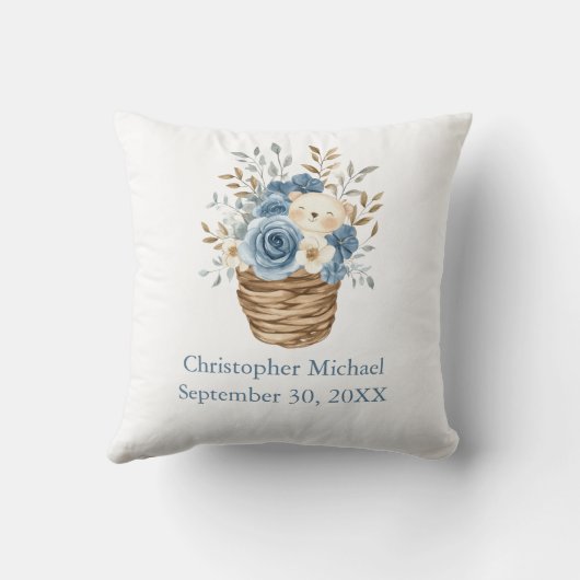 誕生統計ブルーベージュ花模様ベア子供部屋 クッション (裏面)