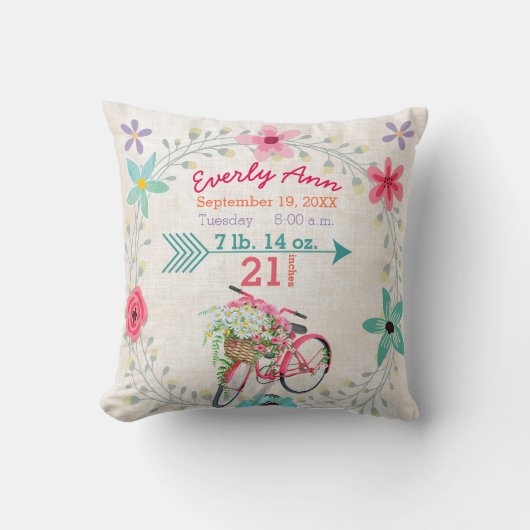 誕生統計ベビーガールヴィンテージレトロピンク自転車 クッション (正面)