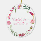 誕生統計ベビーフォトピンク水色フローラ セラミックオーナメント (左)