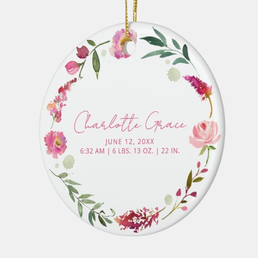 誕生統計ベビーフォトピンク水色フローラ セラミックオーナメント (左)