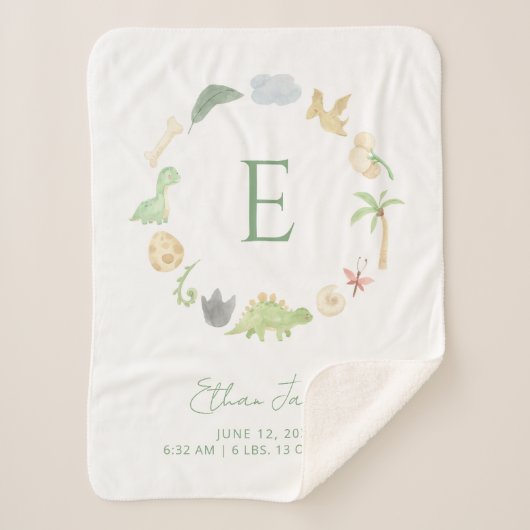 誕生統計モノグラムリースキュート恐竜グリーン シェルパブランケット (正面)