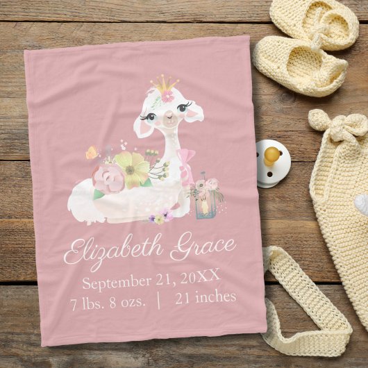 誕生統計ラマピンクと白の花かわいいベビー フリースブランケット