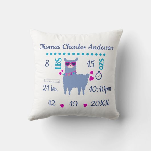 誕生統計ラマ男の赤ちゃん生まれたばかりのギフト クッション (裏面)