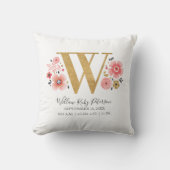 誕生統計レターWピンクフローラモノグラムイニシャル クッション (正面)