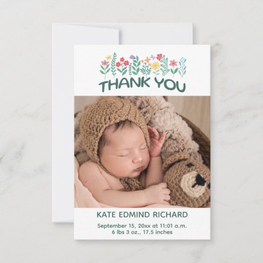 誕生統計写真手書きベビーシャワー サンキューカード (正面)