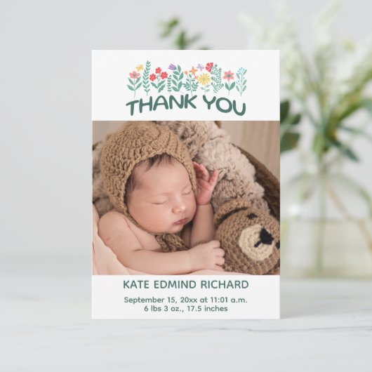 誕生統計写真手書きベビーシャワー サンキューカード (スタンド正面)