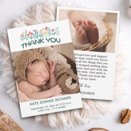誕生統計写真手書きベビーシャワー サンキューカード