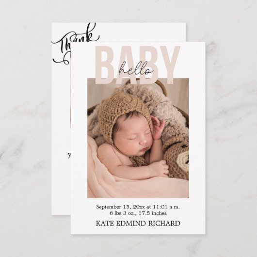 誕生統計写真手書きベビーシャワー サンキューカード (正面/裏面)