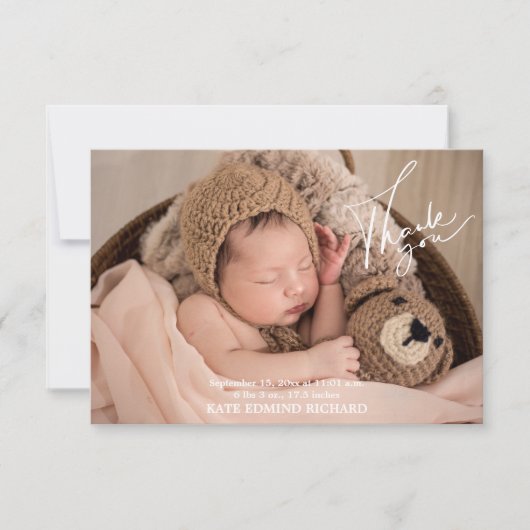 誕生統計写真手書きベビーシャワー サンキューカード (正面)