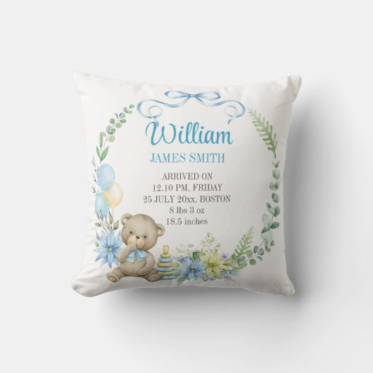 誕生統計子供部屋枕かわいいテディベア クッション (正面)