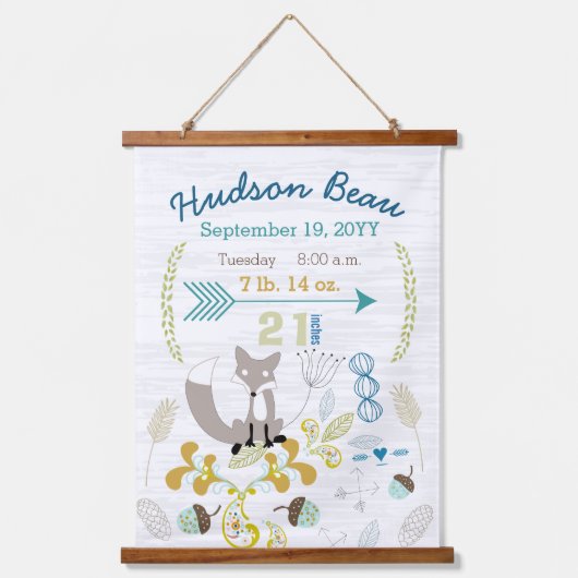 誕生統計男の赤ちゃんウッドランドキツネウォールぶら下がった 吊り下げ型タペストリー (正面)