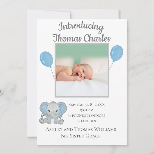 誕生統計男の赤ちゃんブルーエレファントベビー 案内状 (正面)