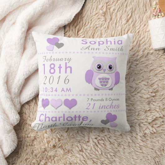 誕生Statsの紫色の灰色のフクロウの子供部屋の装飾用クッション クッション (ブランケット)