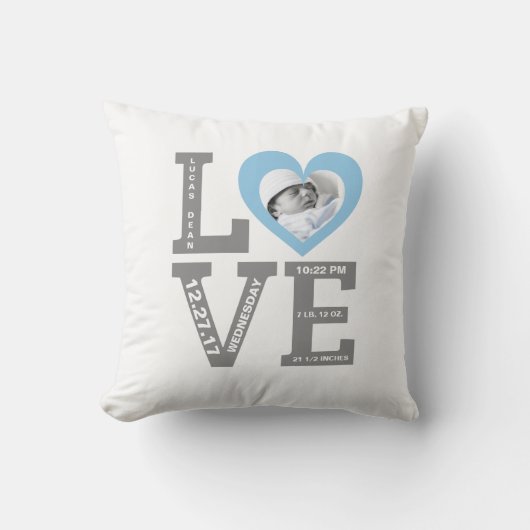 誕生Stats |のモダンのタイポグラフィの男の赤ちゃんの青 クッション (正面)
