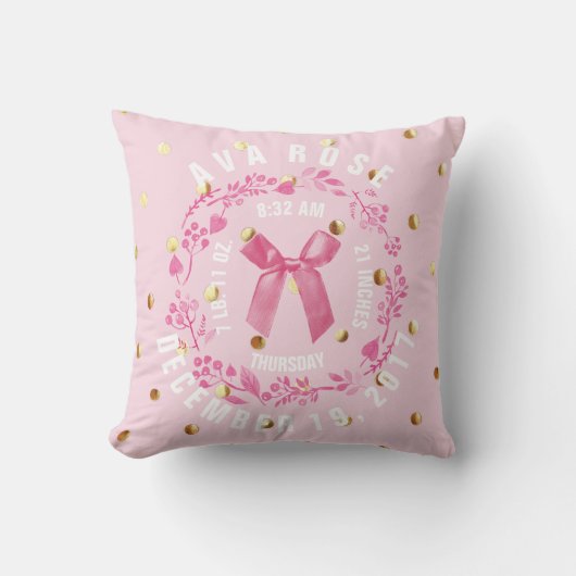 誕生Stats |の女の赤ちゃんのピンクの金ゴールドの点の子供部屋 クッション (正面)