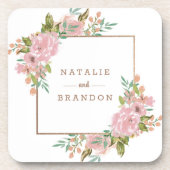 誘うばら色のヴィンテージの挨りだらけのピンクの結婚式のモノグラム コースター (正面)