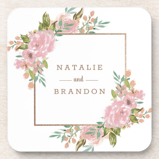 誘うばら色のヴィンテージの挨りだらけのピンクの結婚式のモノグラム コースター (正面)