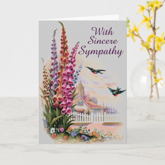 誠実な悔やみや弔慰のヴィンテージのカウベルの花および鳥 カード (黄色い花)