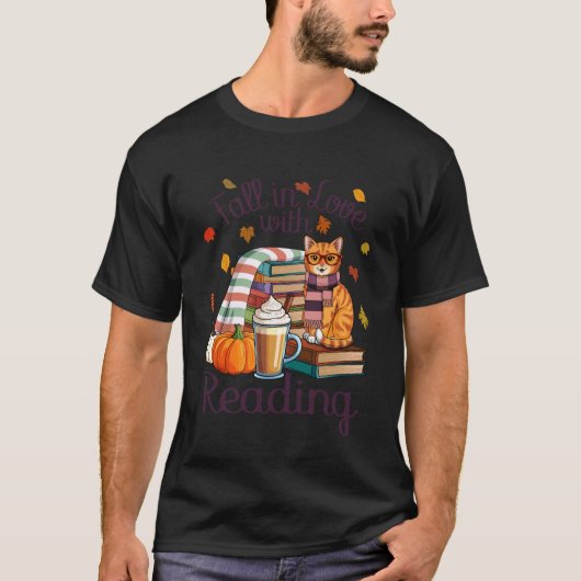 読みふけって本に恋するトラ猫の秋 B Tシャツ (正面)