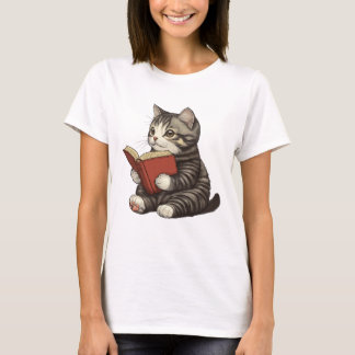 読書中の猫Tシャツ、愛猫家のための可愛いシャツ Tシャツ
