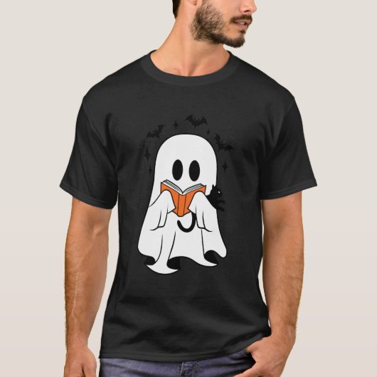 読書好きな可愛いオバケ黒猫の先生 H Tシャツ (正面)