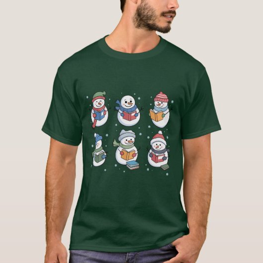読書好きの雪だるま 読書 ギフト 先生 冬 Tシャツ (正面)