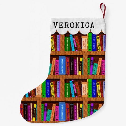 読者の図書館の本だなの本パターン名前をカスタムする スモールクリスマスストッキング (裏面)