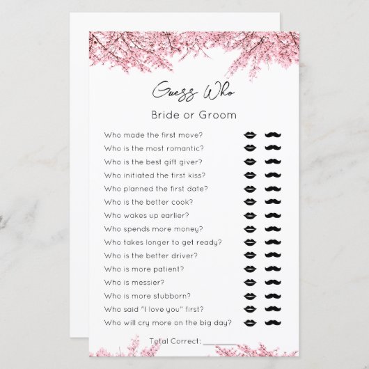 誰か花嫁または花婿の花を推測するブライダルシャワーゲーム (正面/裏面)