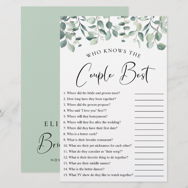 誰がカップル緑のシャワー最高のゲームを知っている (正面/裏面)