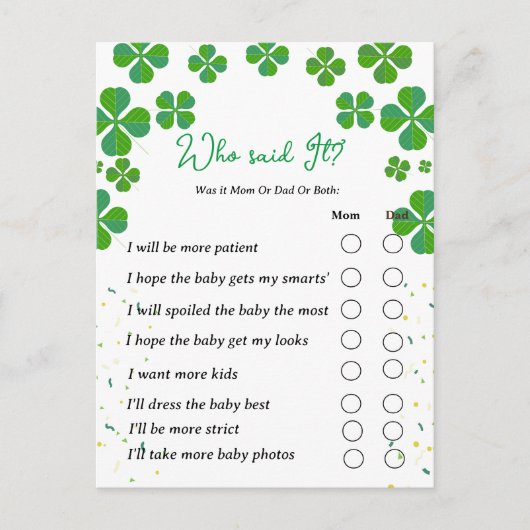 誰がパトリック赤ちゃんシャワーのゲームを言った ポストカード (正面)