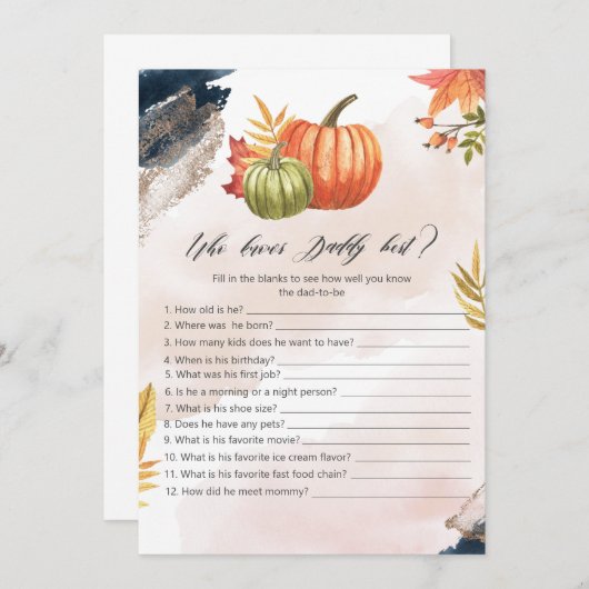 誰がパパのパンプキ最高のン赤ん坊シャワーゲームカードを知っている 招待状 (正面/裏面)