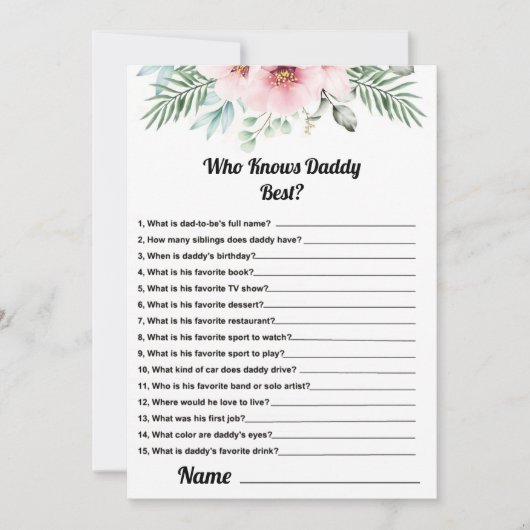 誰がパパのピンクの赤最高のちゃんシャワーのゲームカードを知っている 招待状 (正面)