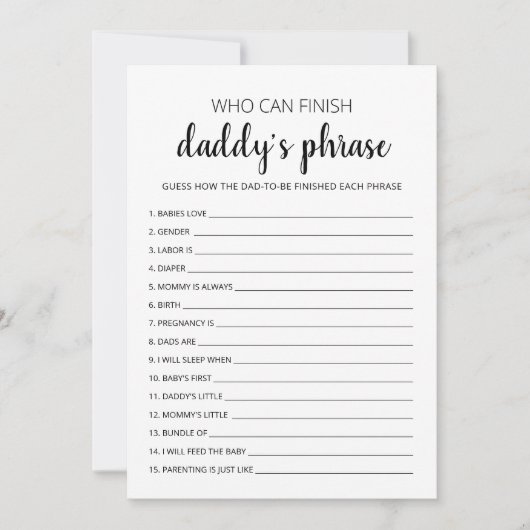 誰がパパのフレーズを終えることができるベビーシャワーカード 招待状 (正面)