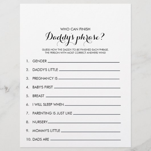 誰がパパのフレーズを終わらせることができる赤ちゃんシャワーゲーム (正面)